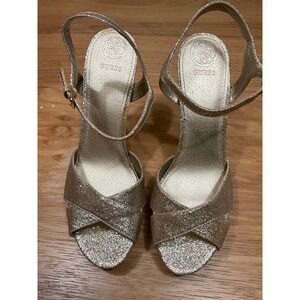 As is Guess Gold Glitter Platform Sandals Heels Ankle Strap Peep Toe size 9